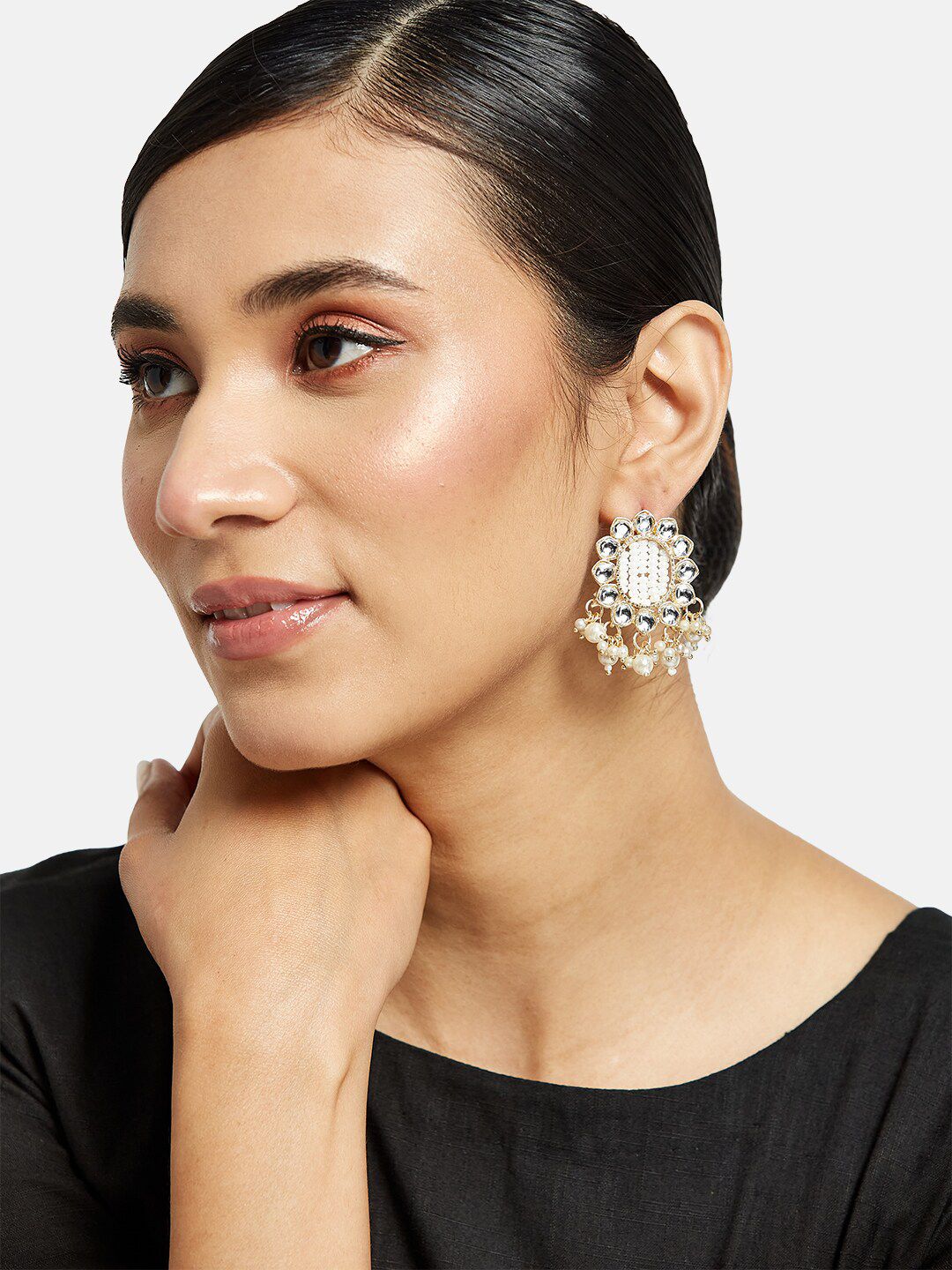 ATIBELLE Set of 2 Gold Plated & Kundan Stone Studded Studs with Pearl drop Earrings