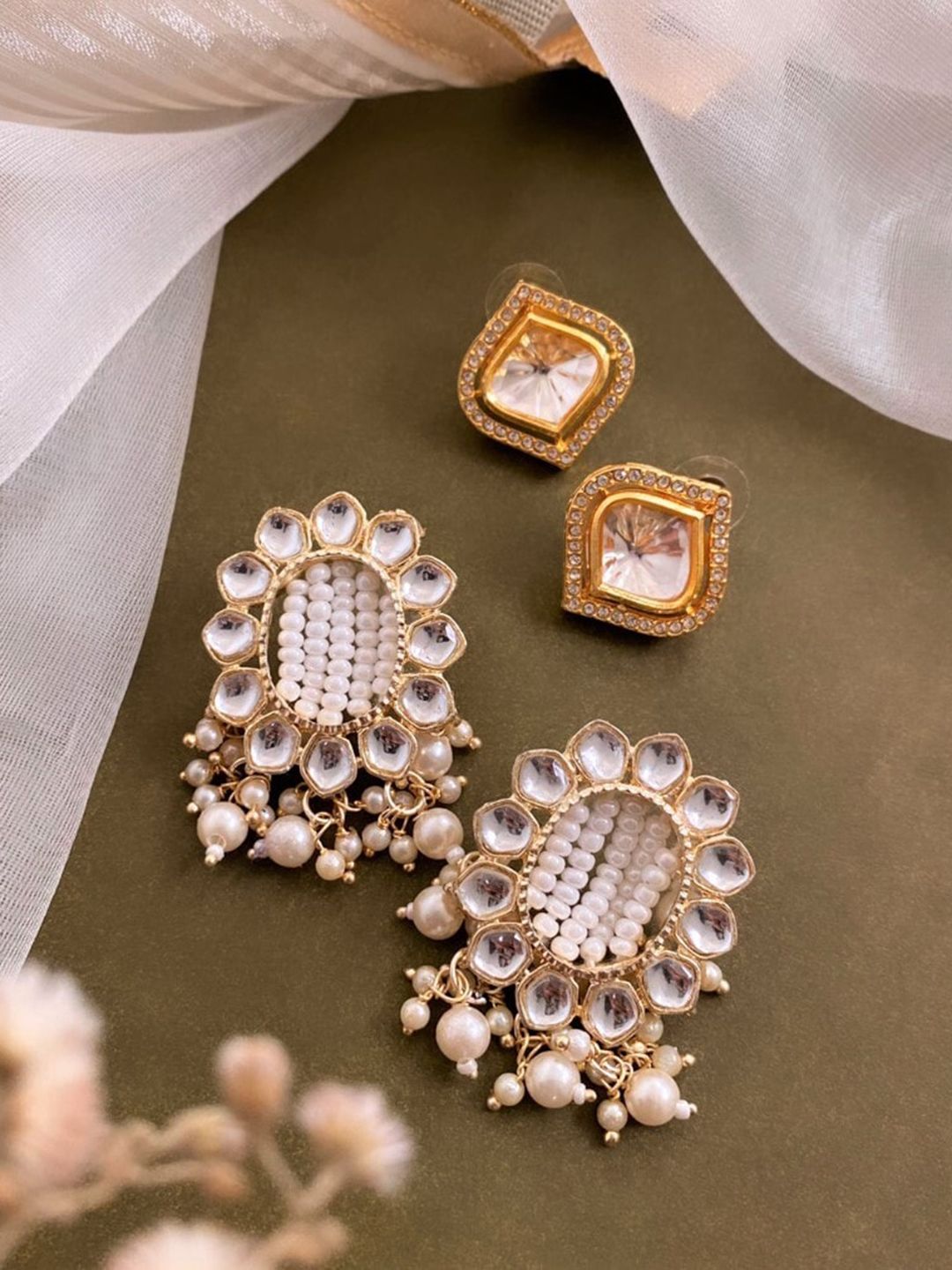 ATIBELLE Set of 2 Gold Plated & Kundan Stone Studded Studs with Pearl drop Earrings