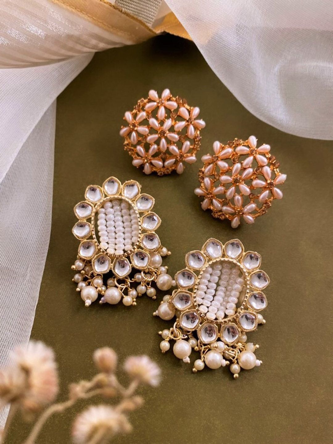 ATIBELLE Set of 2 Gold Plated & Copper Stone Studded Studs & Pearl drop