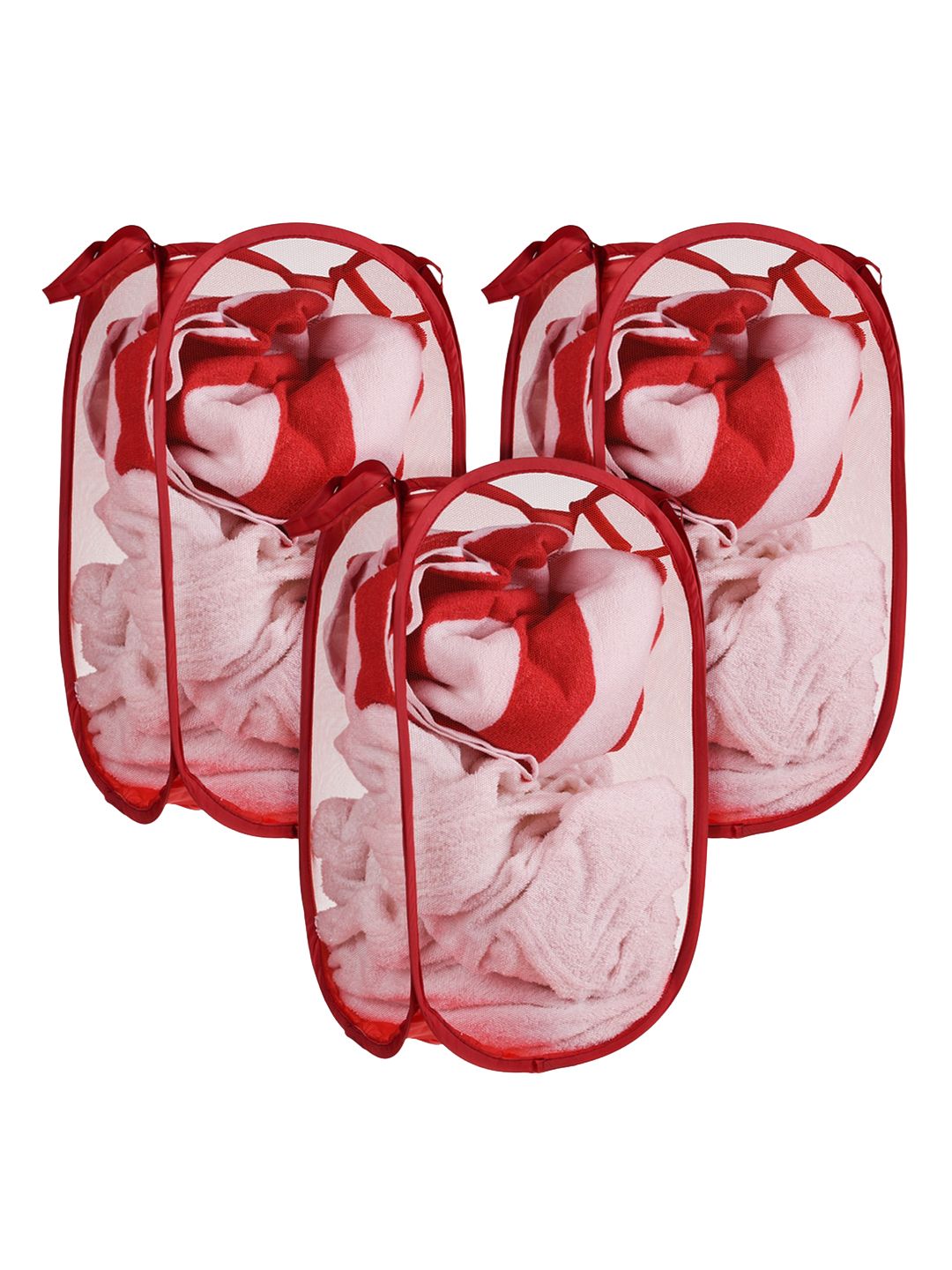 Kuber Industries 3 Pc Red Nylon Net Lightweight & Foldable  Laundry Baskets With Handle-image-46