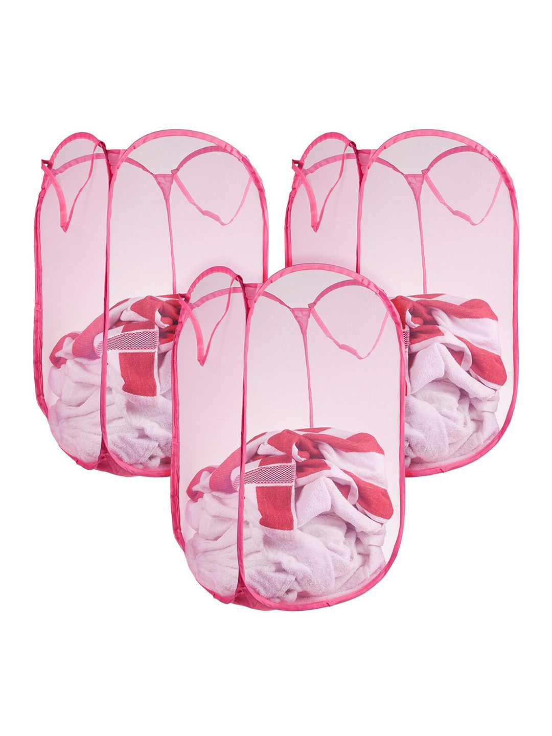 Kuber Industries 3 Pc Pink Nylon Net Lightweight & Foldable  Laundry Baskets With Handle-image-11