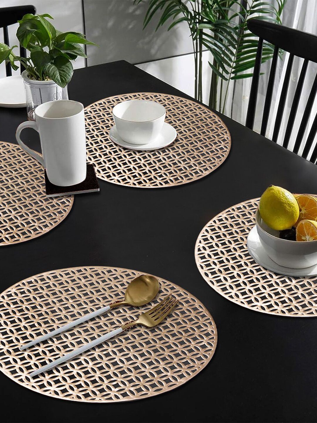 Dakshya Industries Beige 4 Pieces Textured Round Paisley Table Placemats-picture-13