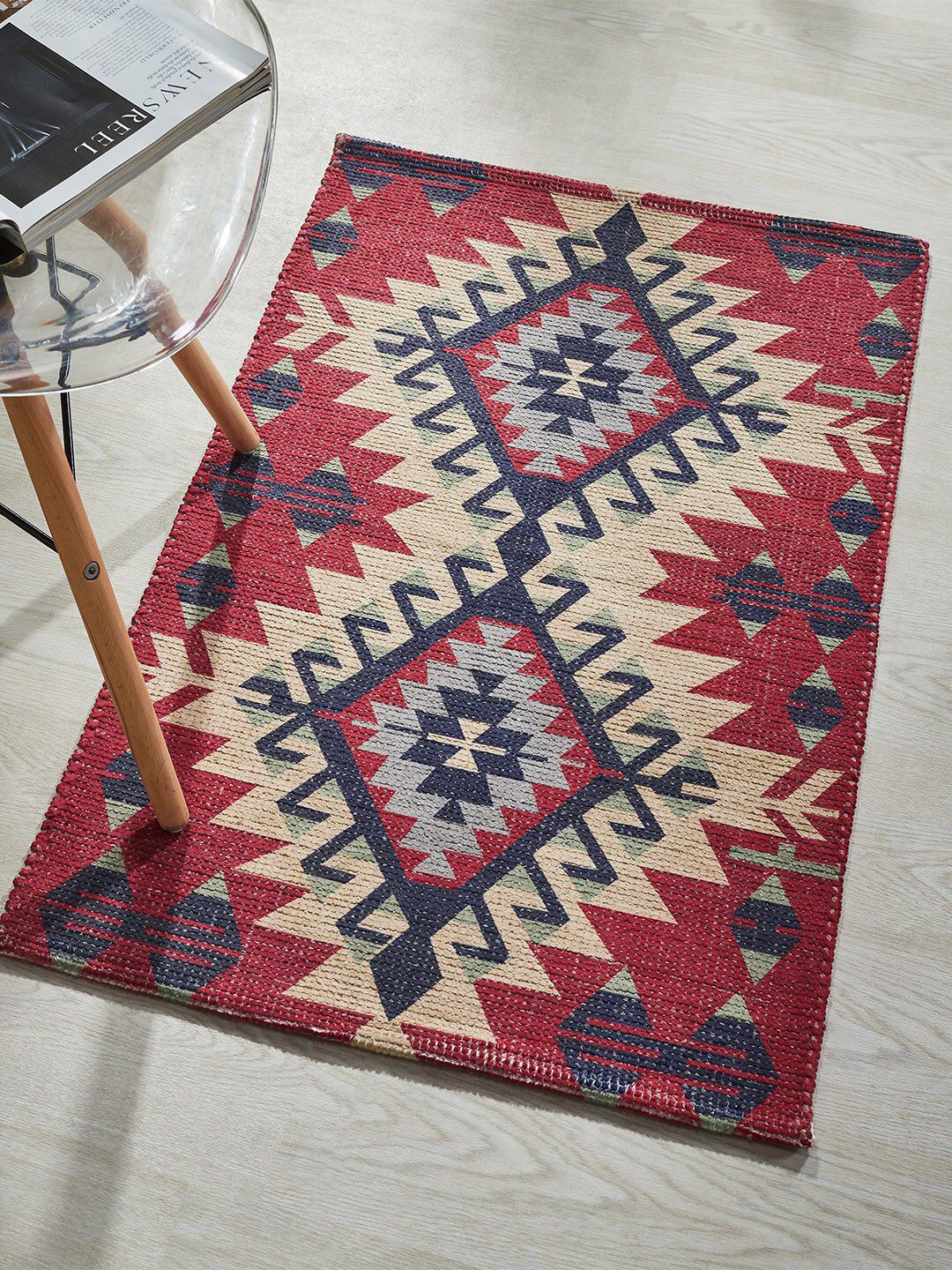 Mona B Maroon & Beige Printed Vintage Anti-Skid Dhurrie Carpet-image-12