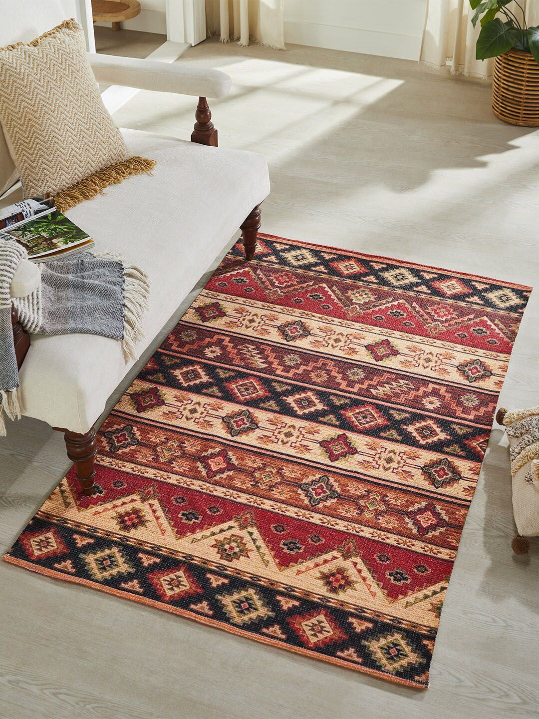 Mona B Red & Beige Printed Vintage Anti-Skid Dhurrie Carpet-image-24