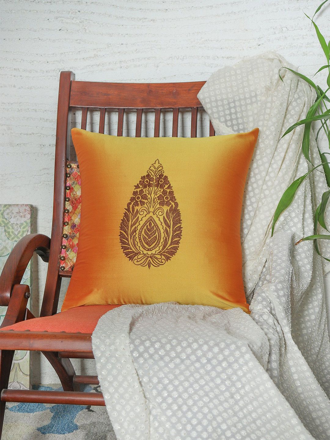 ZEBA Yellow & Brown Embroidered Square Cushion Cover-image-11
