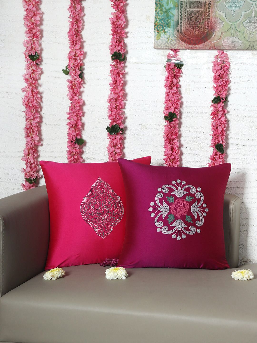 ZEBA Magenta & White 2 Pieces Embroidered Square Cushion Covers-image-17