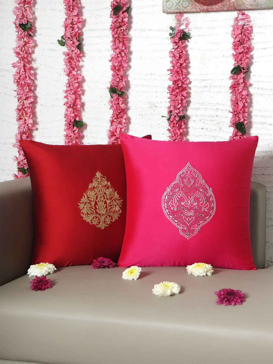 ZEBA Red & Pink 2 Pieces Embroidered Square Cushion Covers-image-6