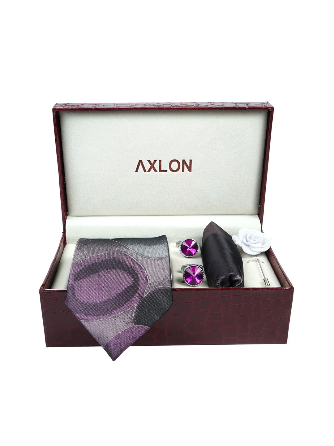 AXLON Men Printed Tie Set With Pocket Square, Cufflink & Flower Pin-picture-58