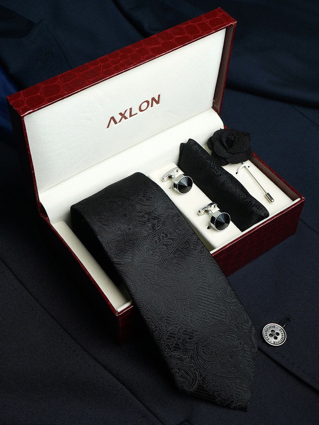 AXLON Men Printed Tie With Pocket Square, Cufflink & Flower Pin-picture-48