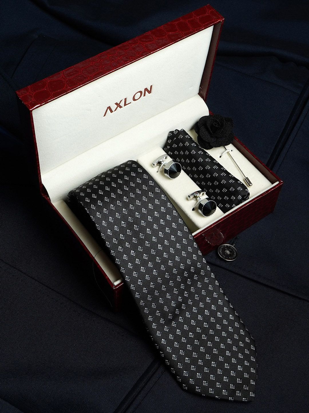AXLON Men Geometric Design Tie Set With Pocket Square-Cufflink & Flower Pin-picture-38