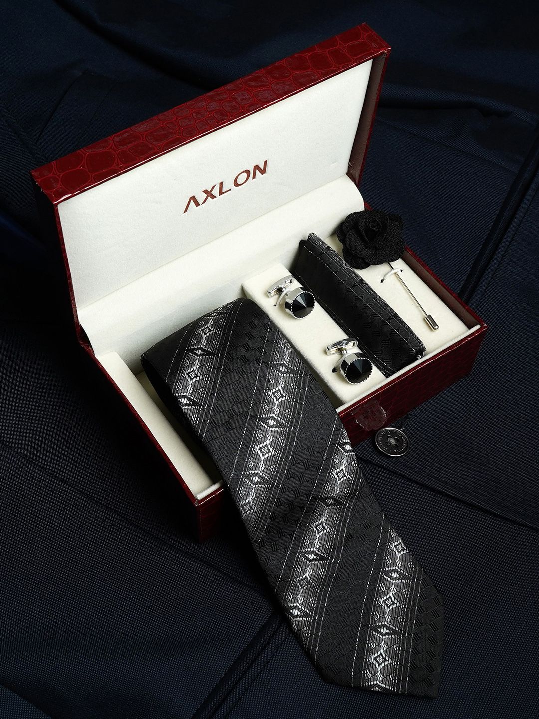 AXLON Set Of 4 Printed Necktie Pocket Square With Cufflink & Flower Pin Accessory Gift Set-picture-40