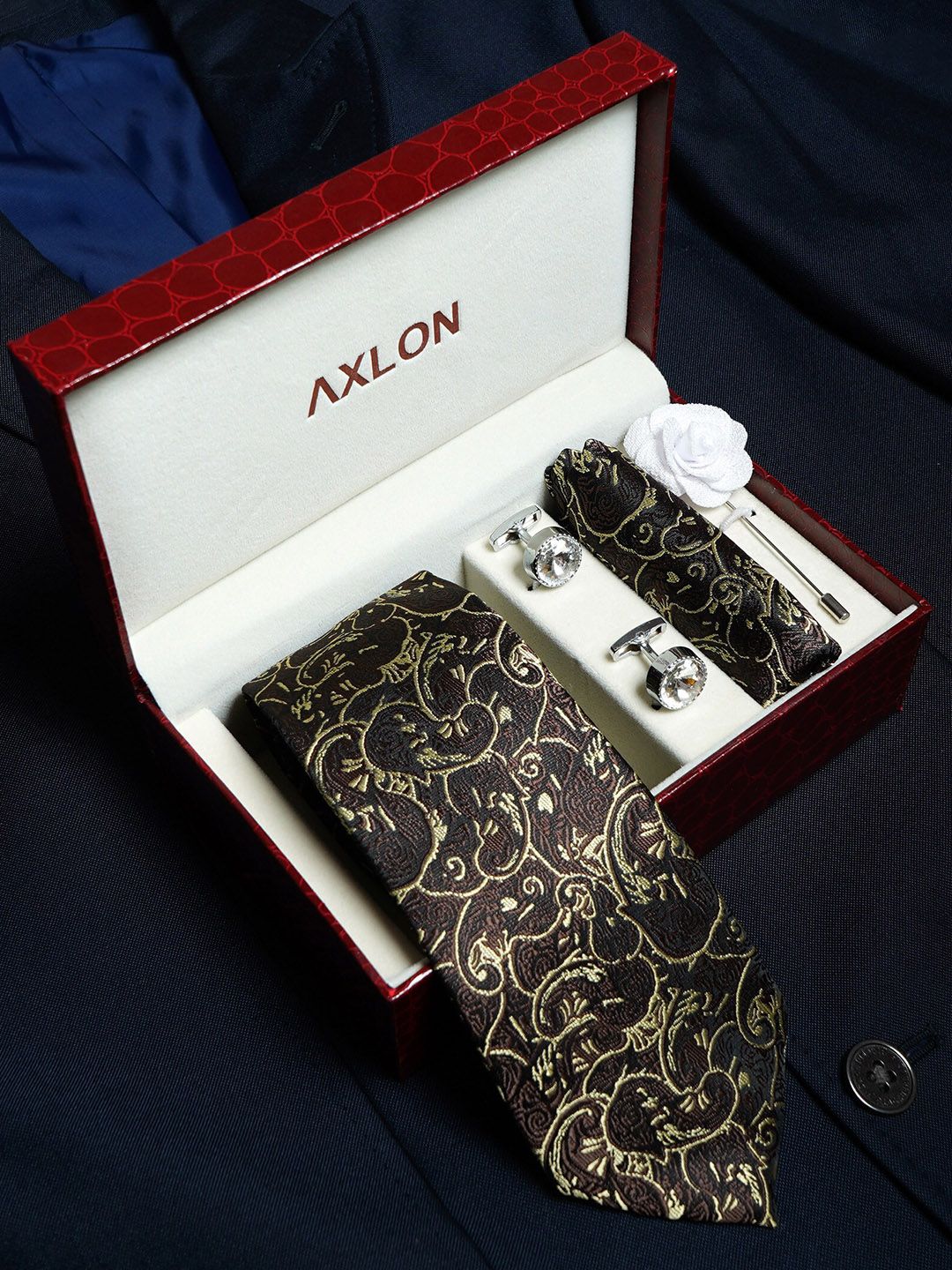 AXLON Men Printed Tie Set With Pocket Square, Cufflink & Flower Pin-picture-39