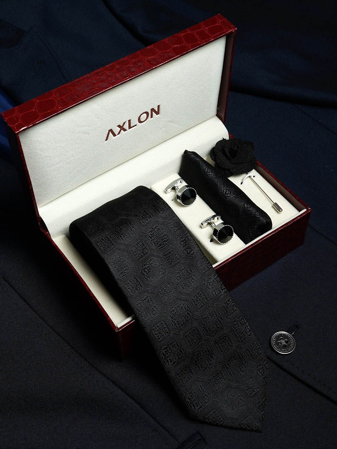 AXLON Men Printed Tie Set With Pocket Square, Cufflink & Flower Pin-picture-36