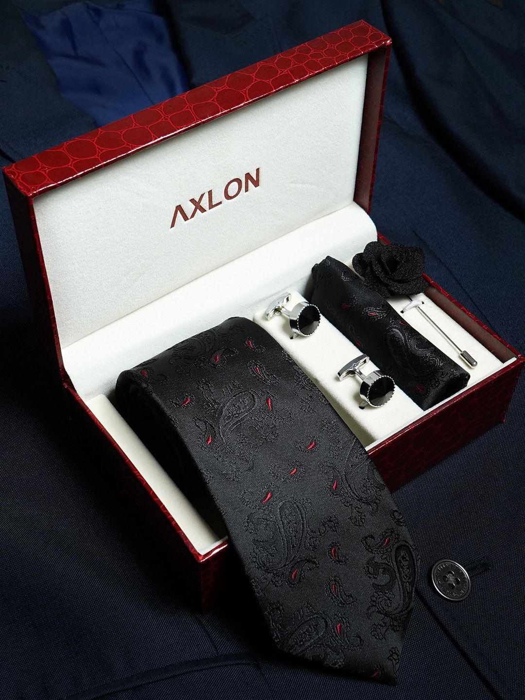 AXLON Set Of 4 Printed Necktie Pocket Square With Cufflink & Flower Pin Accessory Gift Set-picture-34