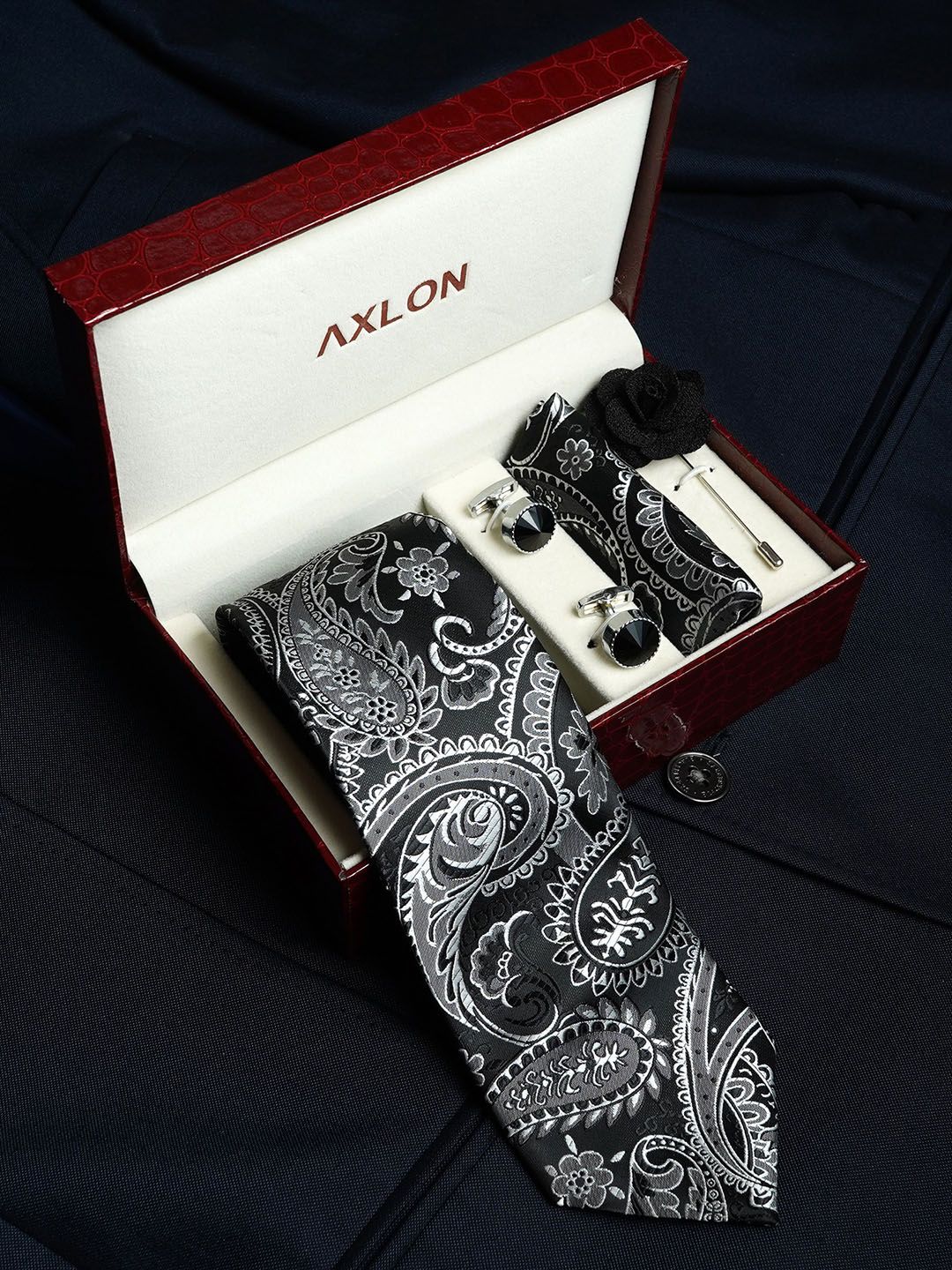 AXLON Set Of 4 Printed Necktie Pocket Square With Cufflink & Flower Pin Accessory Gift Set-picture-19