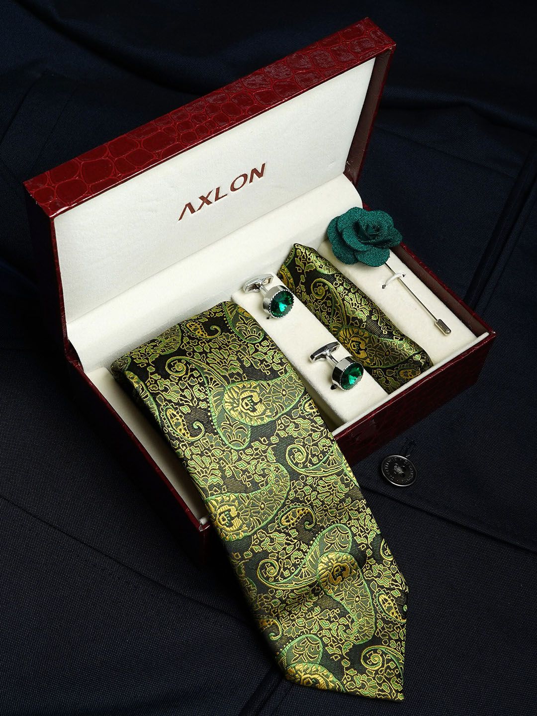 AXLON Men Paisley  Design Tie Set With Pocket Square-Cufflink & Flower Pin-picture-33