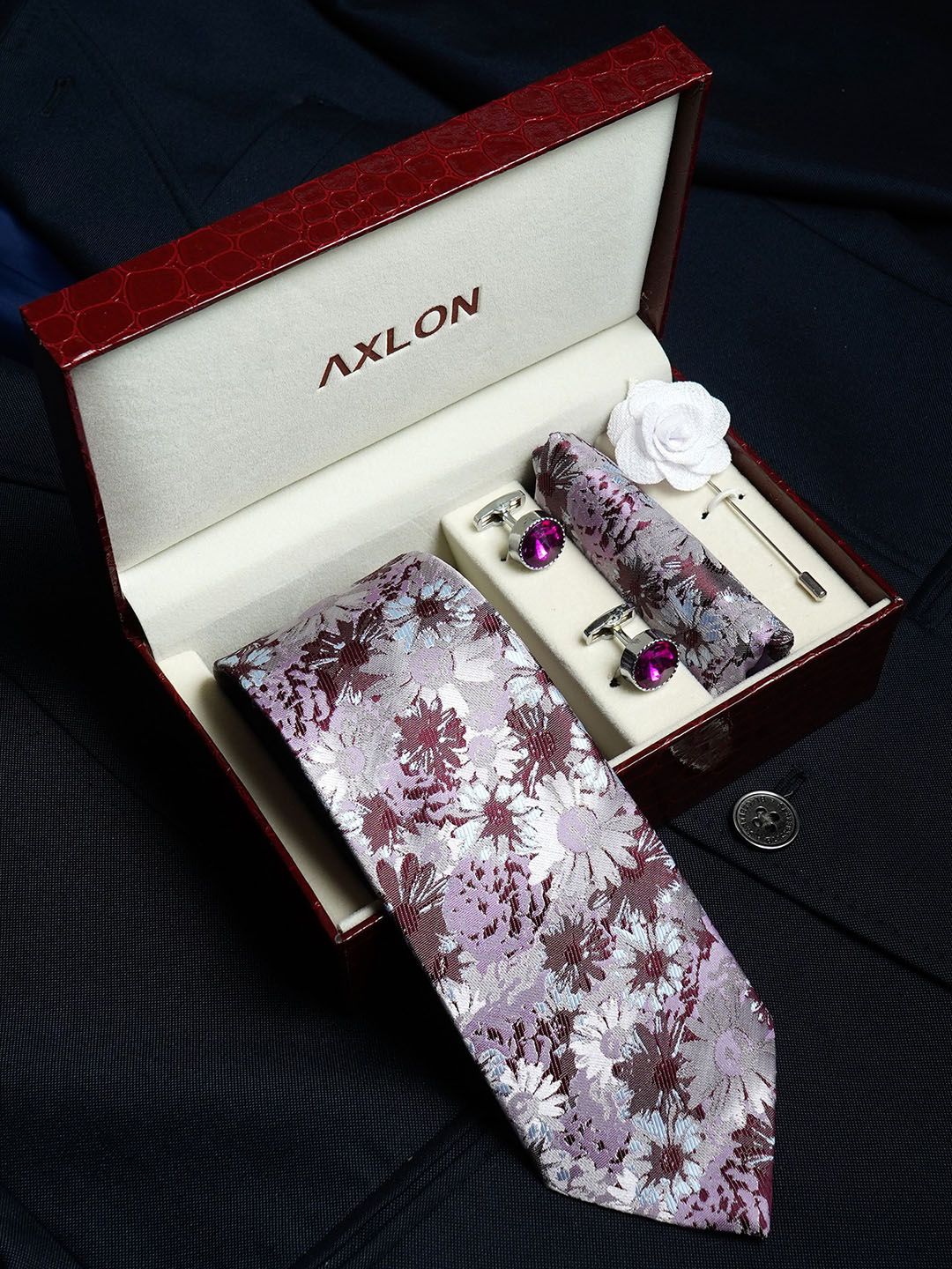 AXLON Set Of 4 Printed Necktie Pocket Square With Cufflink & Flower Pin Accessory Gift Set-picture-32