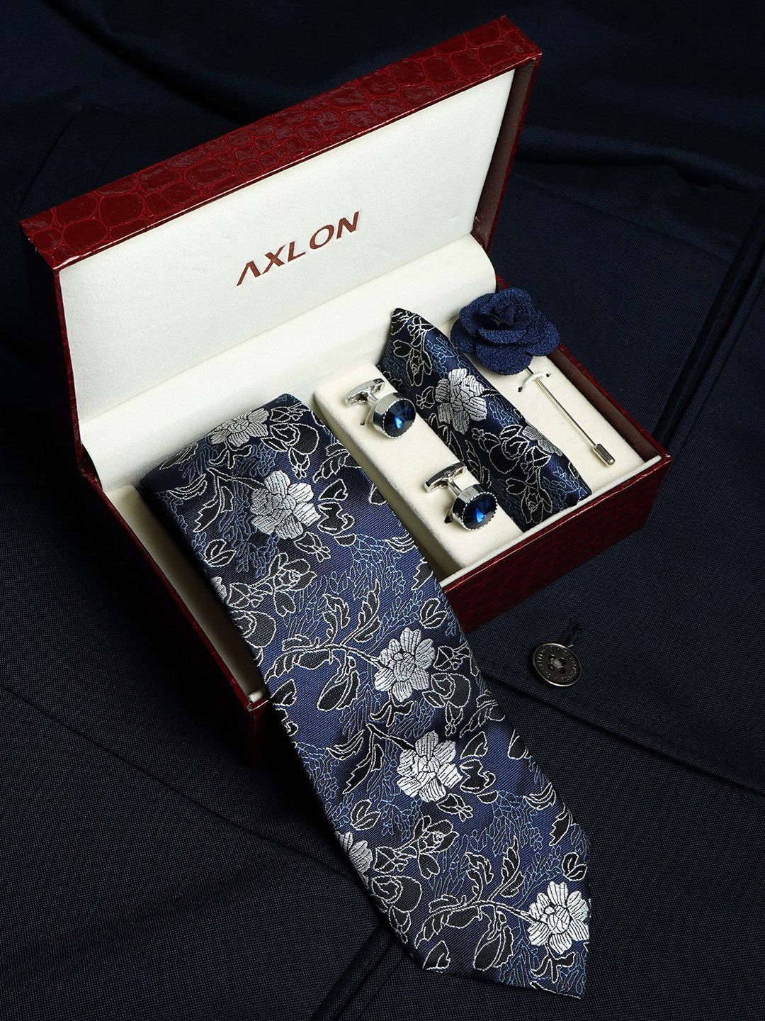 AXLON Men Printed Tie Set With Pocket Square, Cufflink & Flower Pin-picture-8