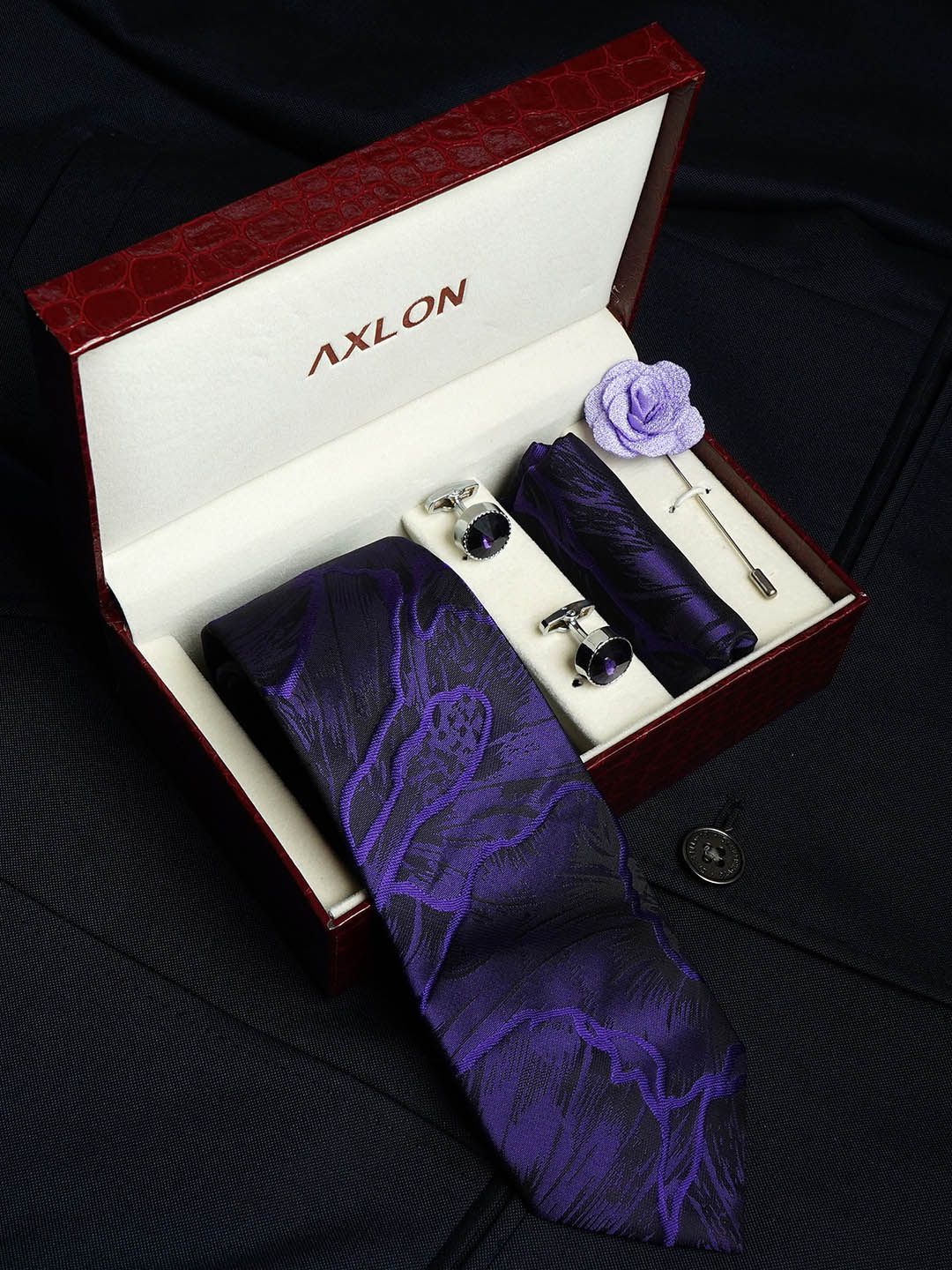 AXLON Men Micro Floral Design Tie Set With Pocket Square-Cufflink & Flower Pin-picture-19