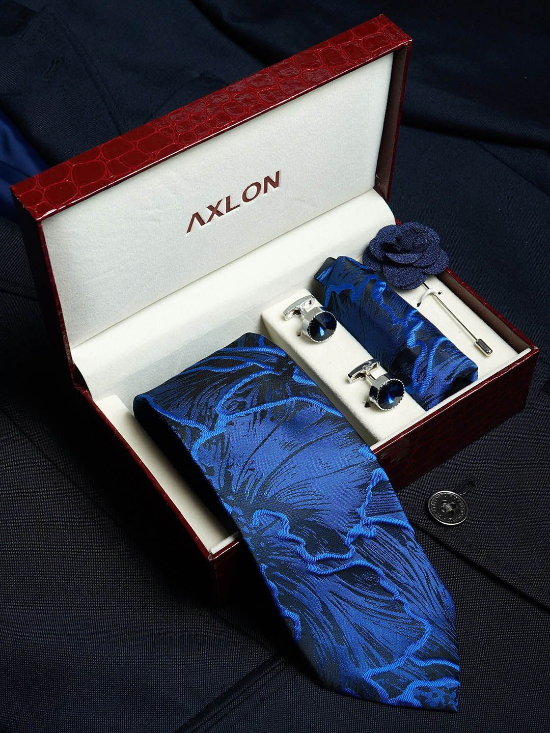 AXLON Men Printed Tie Set With Pocket Square, Cufflink & Flower Pin-picture-26
