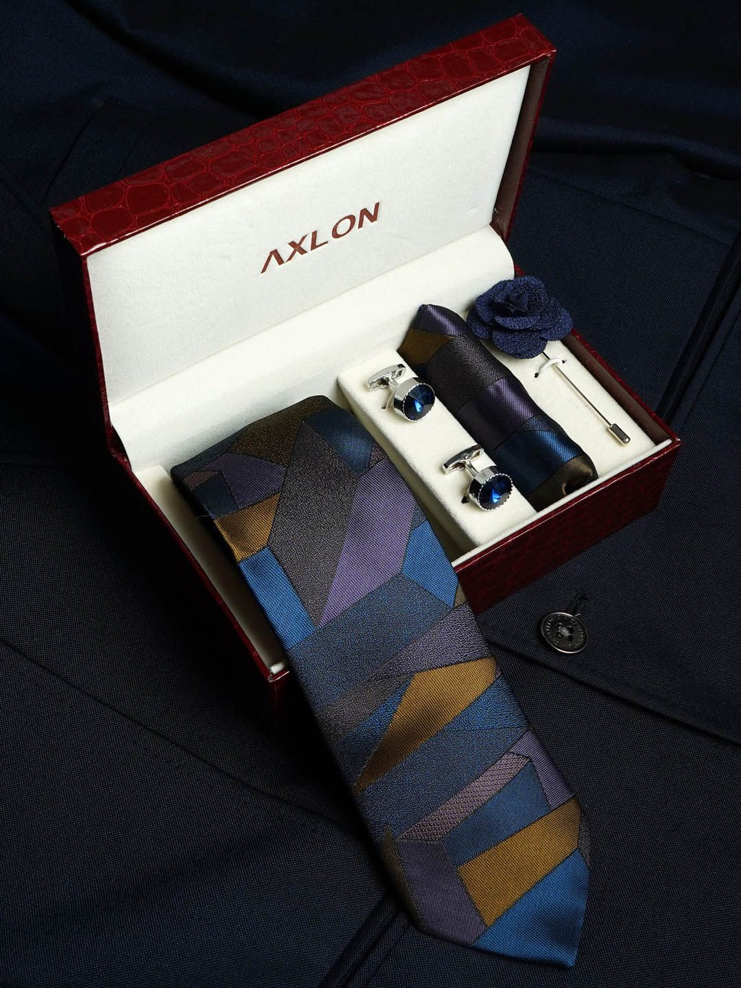 AXLON Men Geometric Design Tie Set With Pocket Square-Cufflink & Flower Pin-picture-26
