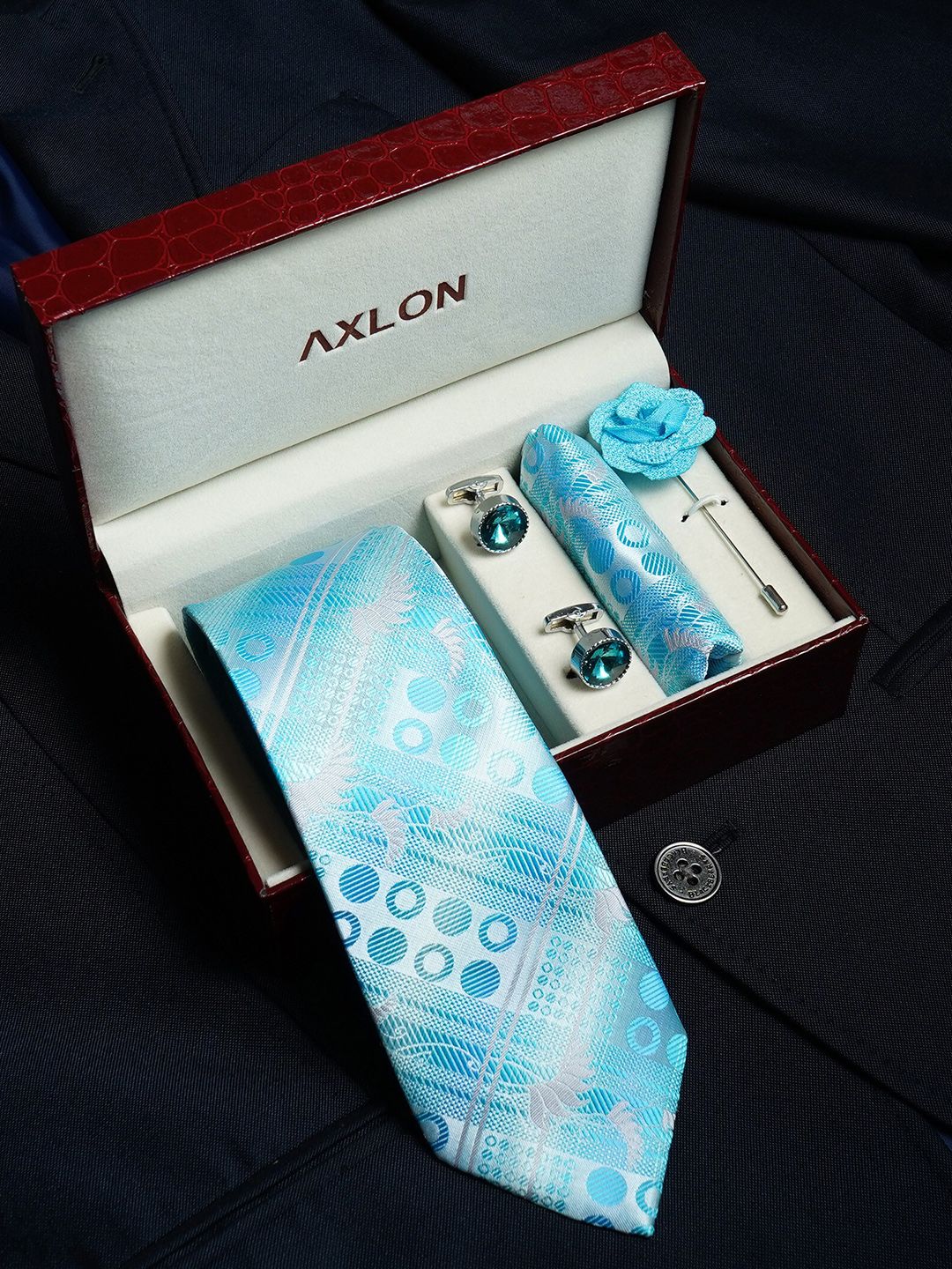 AXLON Men Printed Tie Set With Pocket Square, Cufflink & Flower Pin-picture-11