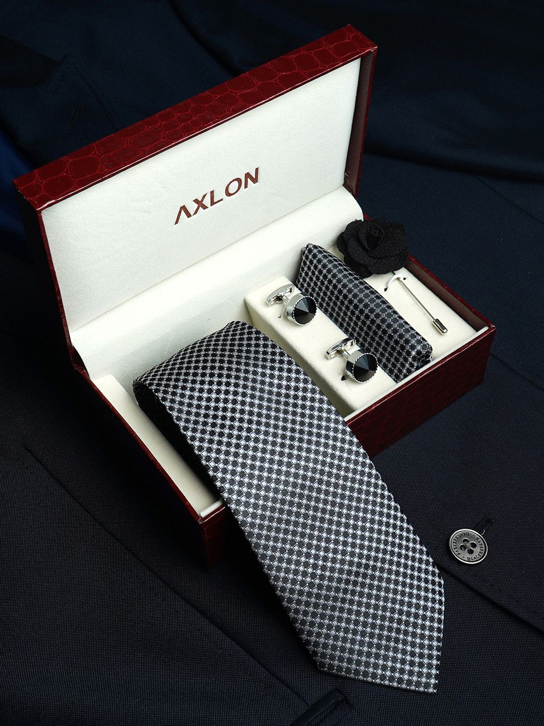 AXLON Set Of 4 Printed Necktie Pocket Square With Cufflink & Flower Pin Accessory Gift Set-picture-7