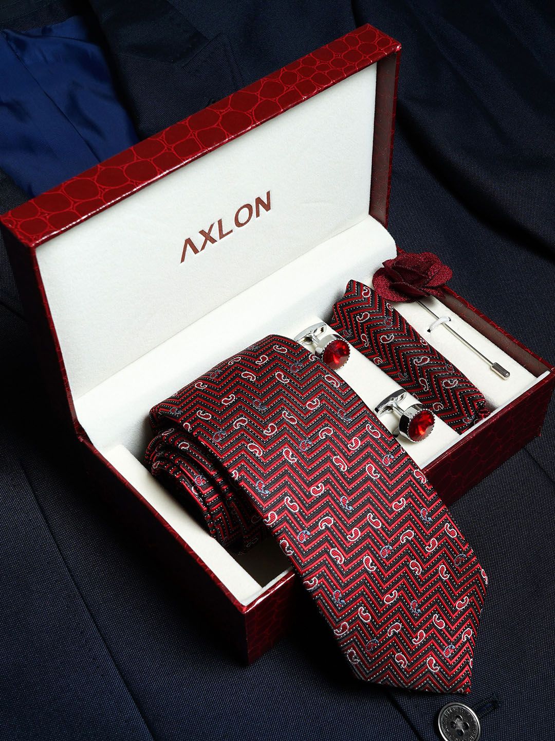 AXLON Men Printed Tie Set With Pocket Square, Cufflink & Flower Pin-picture-18