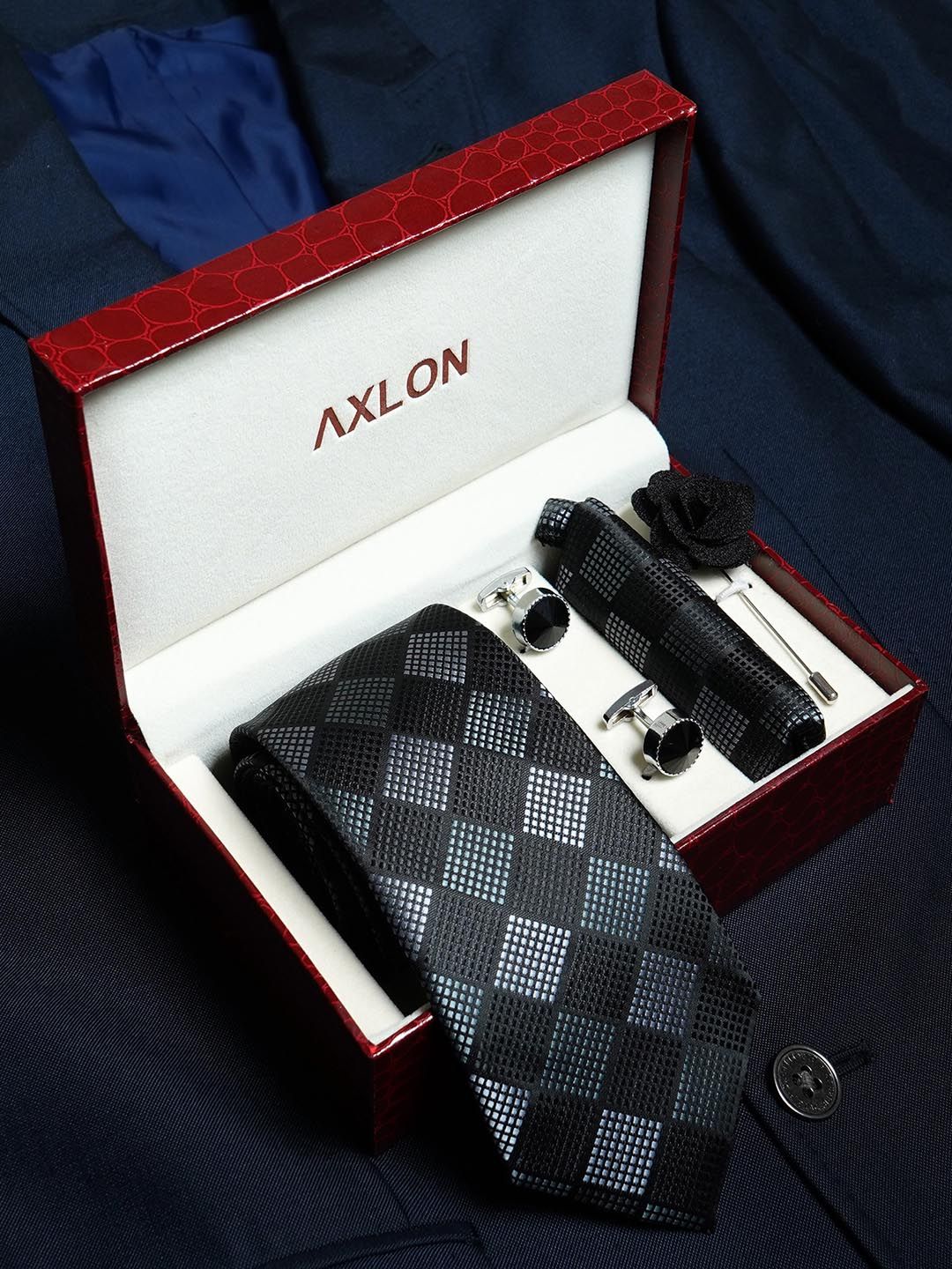 AXLON Men Printed Tie Set With Pocket Square, Cufflink & Flower Pin-picture-29