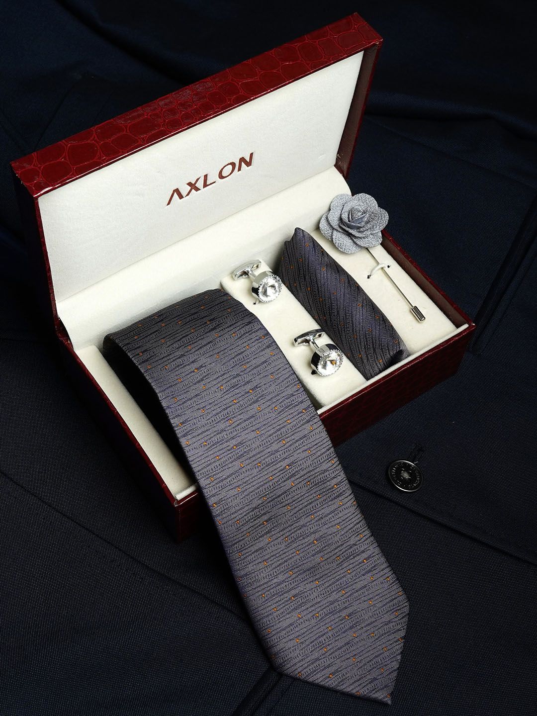 AXLON Men Geometric Design Tie Set With Pocket Square-Cufflink & Flower Pin-picture-10