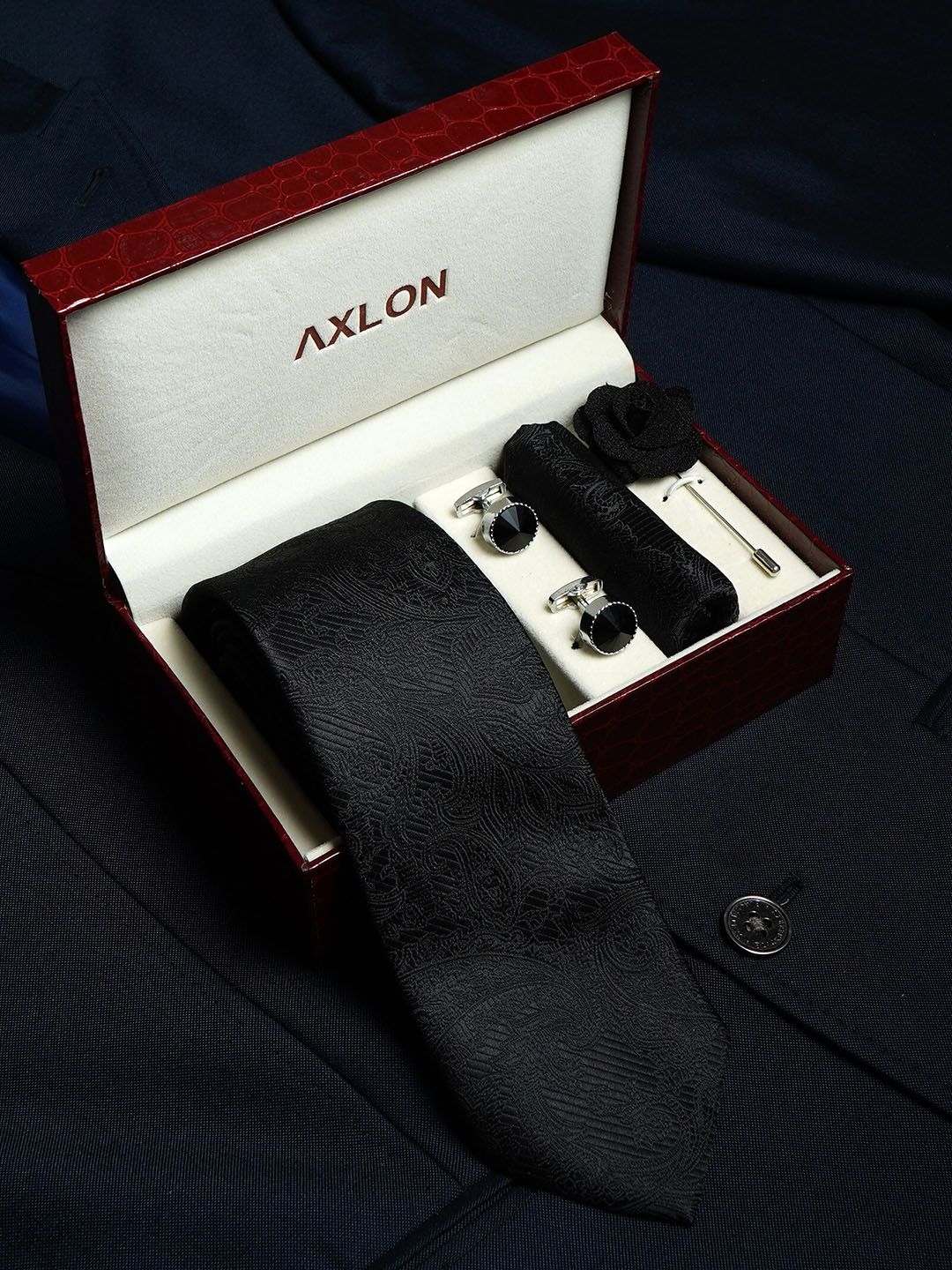 AXLON Men Paisley Design Tie Set With Pocket Square-Cufflink & Flower Pin-picture-9