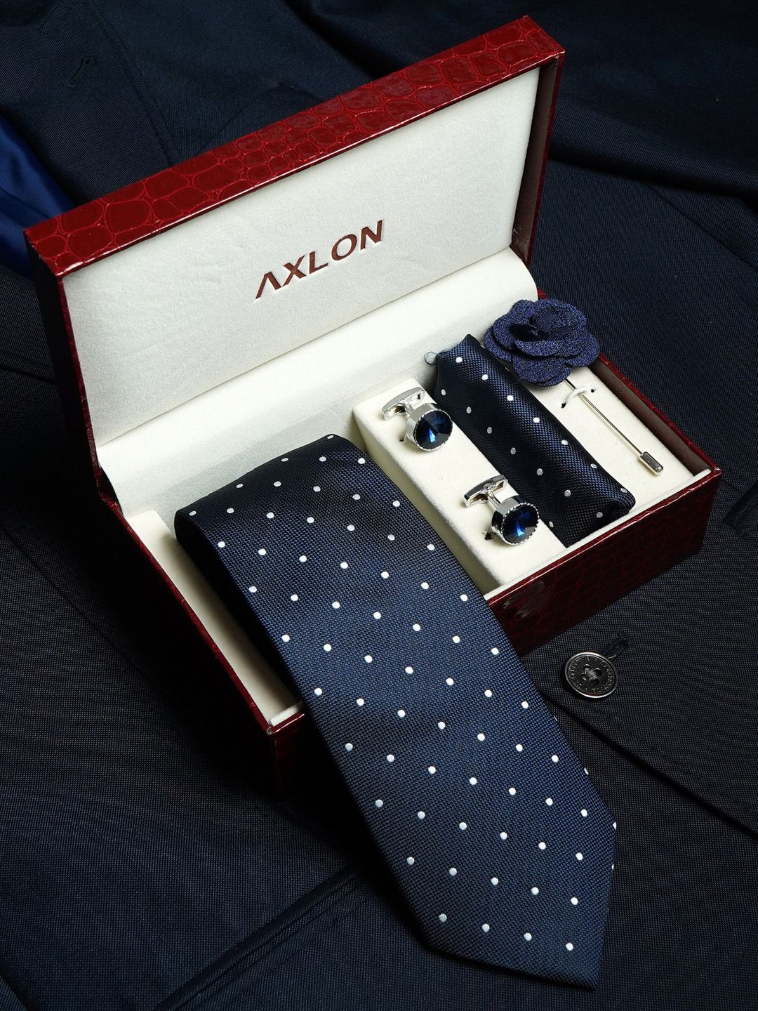 AXLON Set Of 4 Printed Necktie Pocket Square With Cufflink & Flower Pin Accessory Gift Set-picture-37