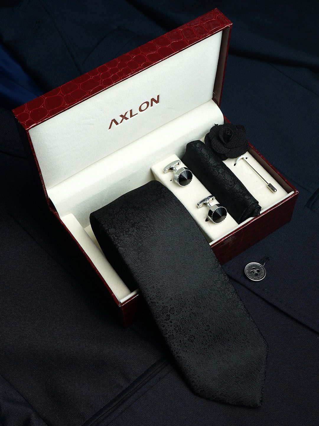 AXLON Men Printed Tie Set With Pocket Square, Cufflink & Flower Pin-picture-25