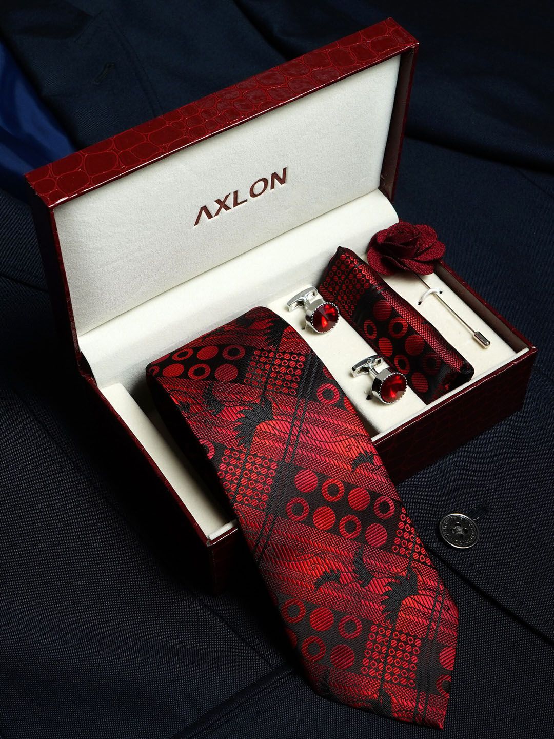 AXLON Men Geometric Design Tie Set With Pocket Square-Cufflink & Flower Pin-picture-8