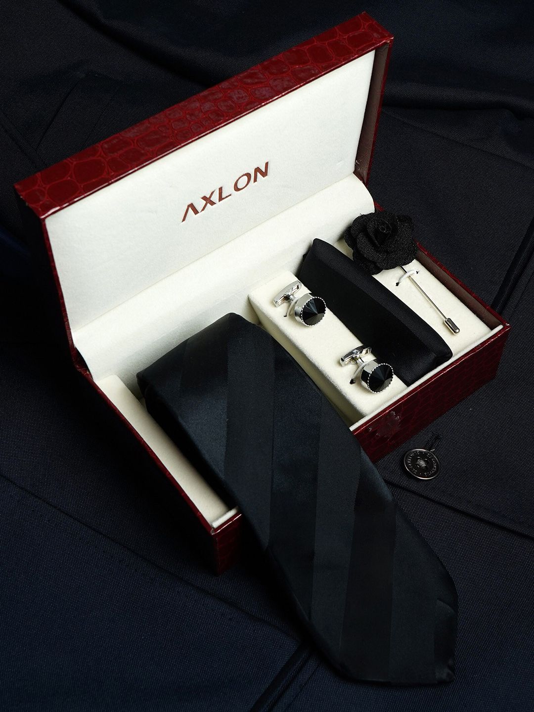 AXLON Set Of 4 Printed Necktie Pocket Square With Cufflink & Flower Pin Accessory Gift Set-picture-1