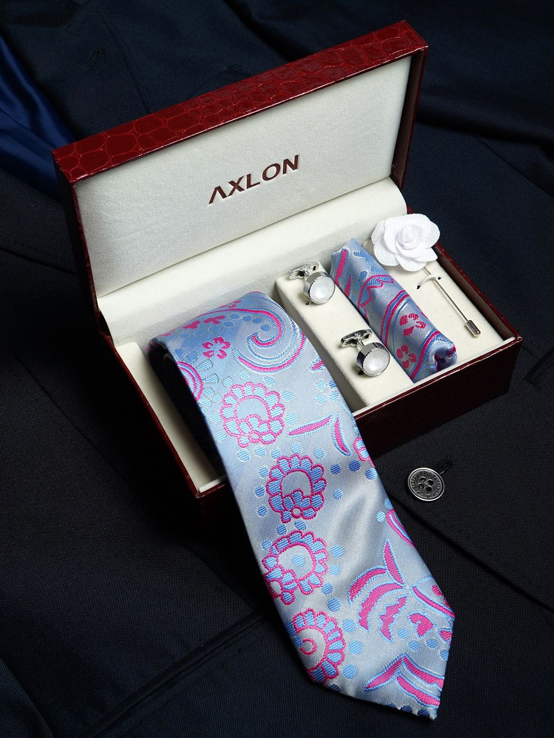 AXLON Set Of 4 Printed Necktie Pocket Square With Cufflink & Flower Pin Accessory Gift Set-image-45