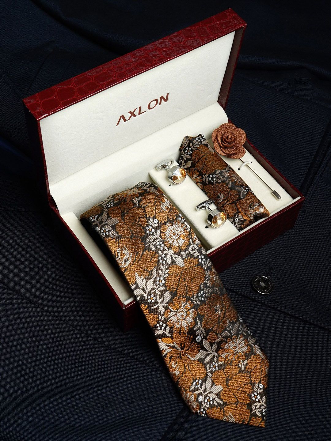 AXLON Men Floral Design Tie Set With Pocket Square-Cufflink & Flower Pin-picture-13