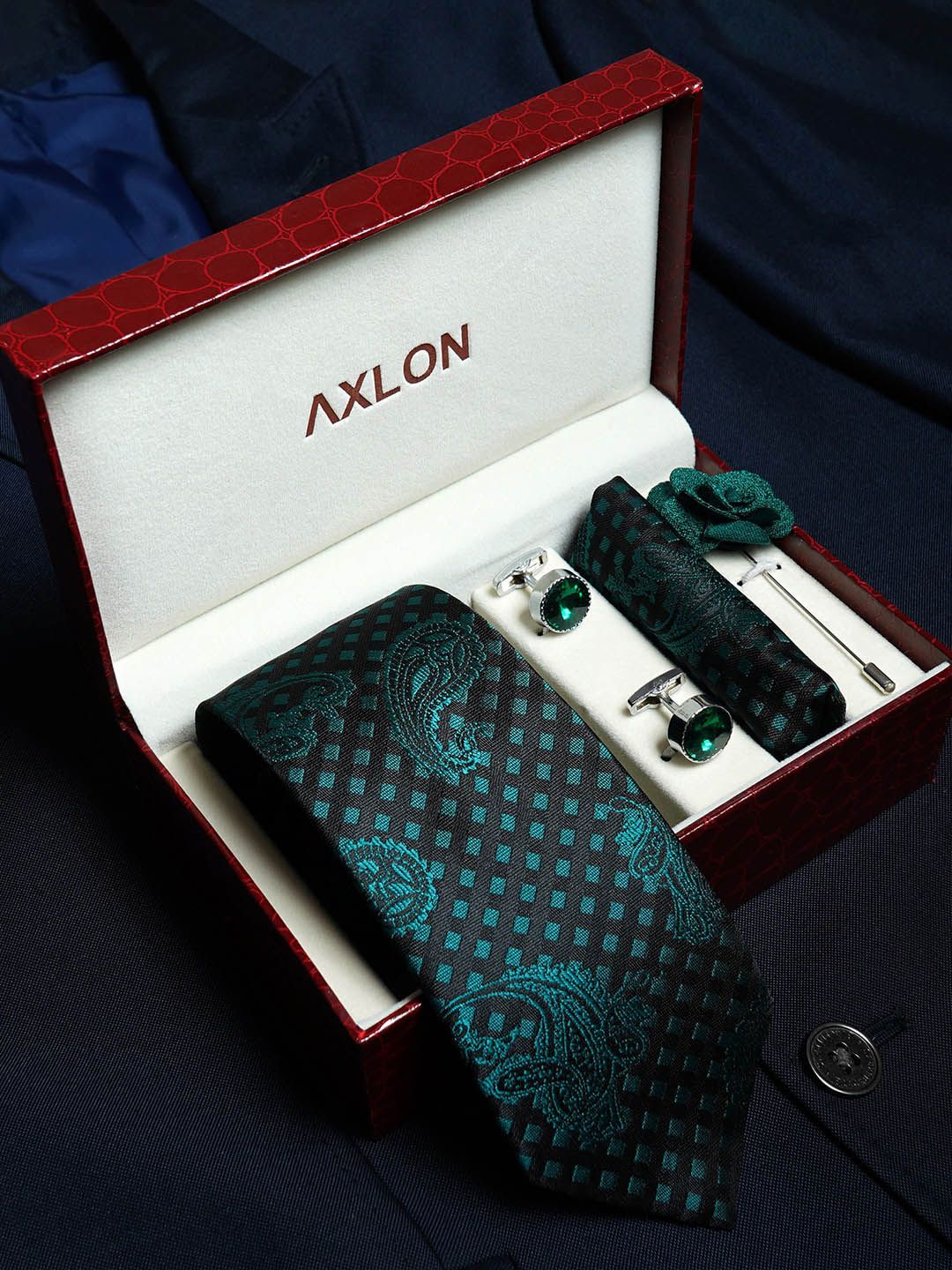 AXLON Men Printed Tie Set With Pocket Square, Cufflink & Flower Pin-picture-4