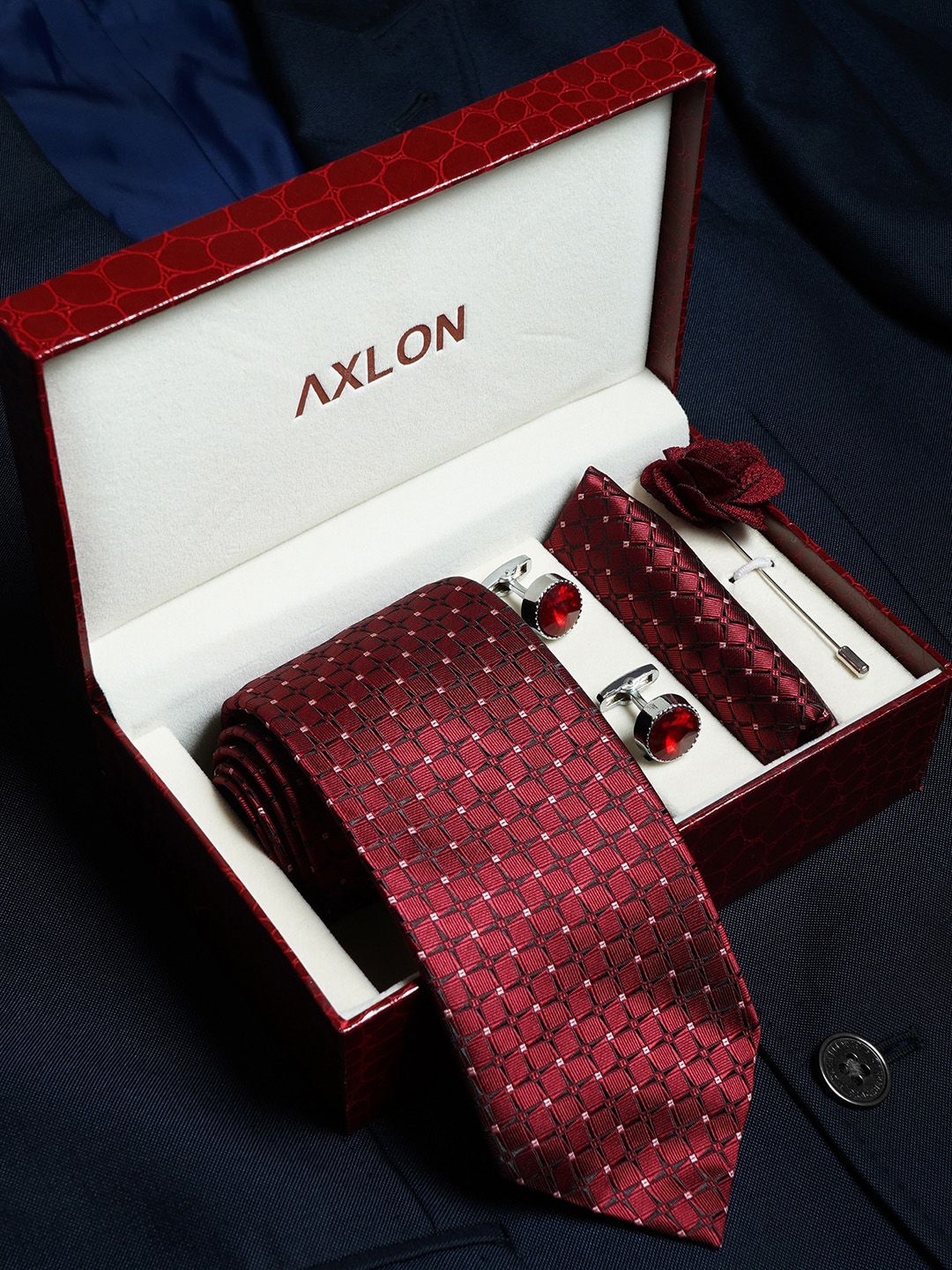 AXLON Set Of 4 Printed Necktie Pocket Square With Cufflink & Flower Pin Accessory Gift Set-image-49