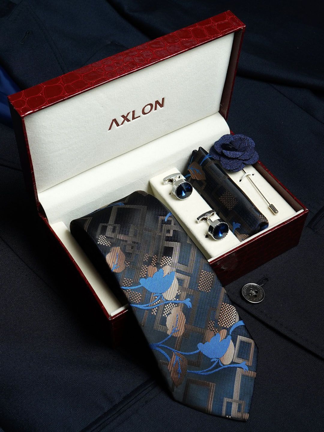 AXLON Men Geometric Paisley Design Tie Set With Pocket Square-Cufflink & Flower Pin-picture-30