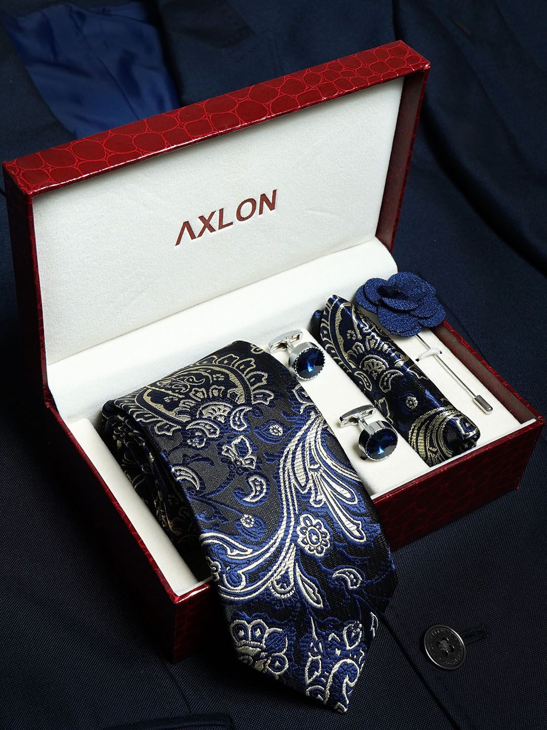 AXLON Men Printed Tie Set With Pocket Square, Cufflink & Flower Pin-picture-13