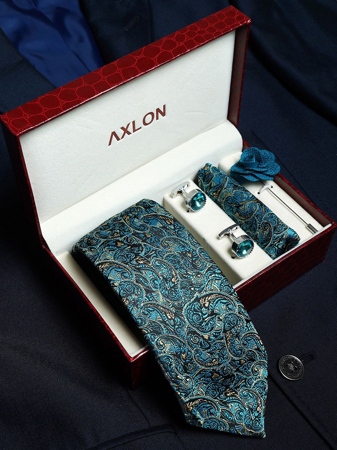 AXLON Set Of 4 Printed Necktie Pocket Square With Cufflink & Flower Pin Accessory Gift Set-image-44