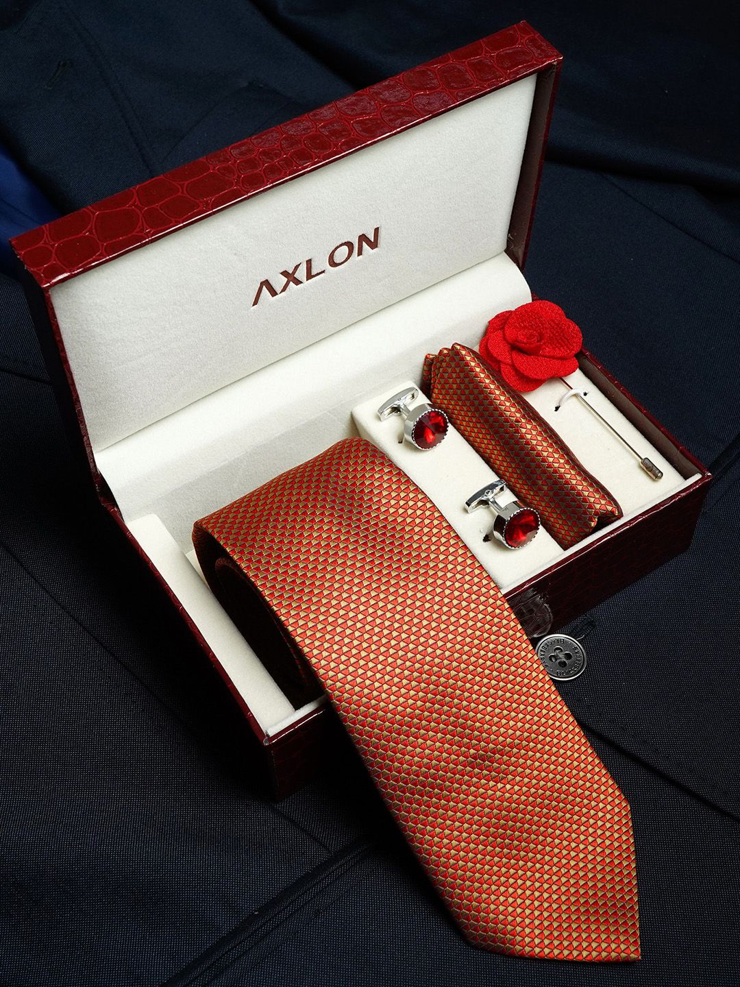 AXLON Men Geometric Design Tie Set With Pocket Square-Cufflink & Flower Pin-image-26