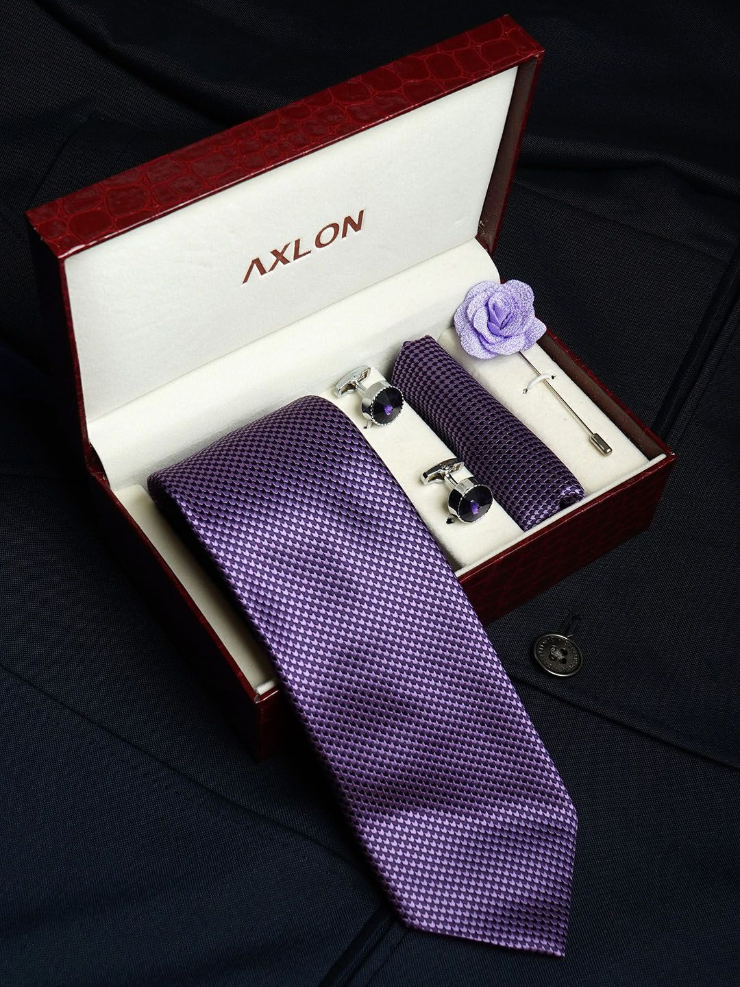 AXLON Set Of 4 Printed Necktie Pocket Square With Cufflink & Flower Pin Accessory Gift Set-picture-47