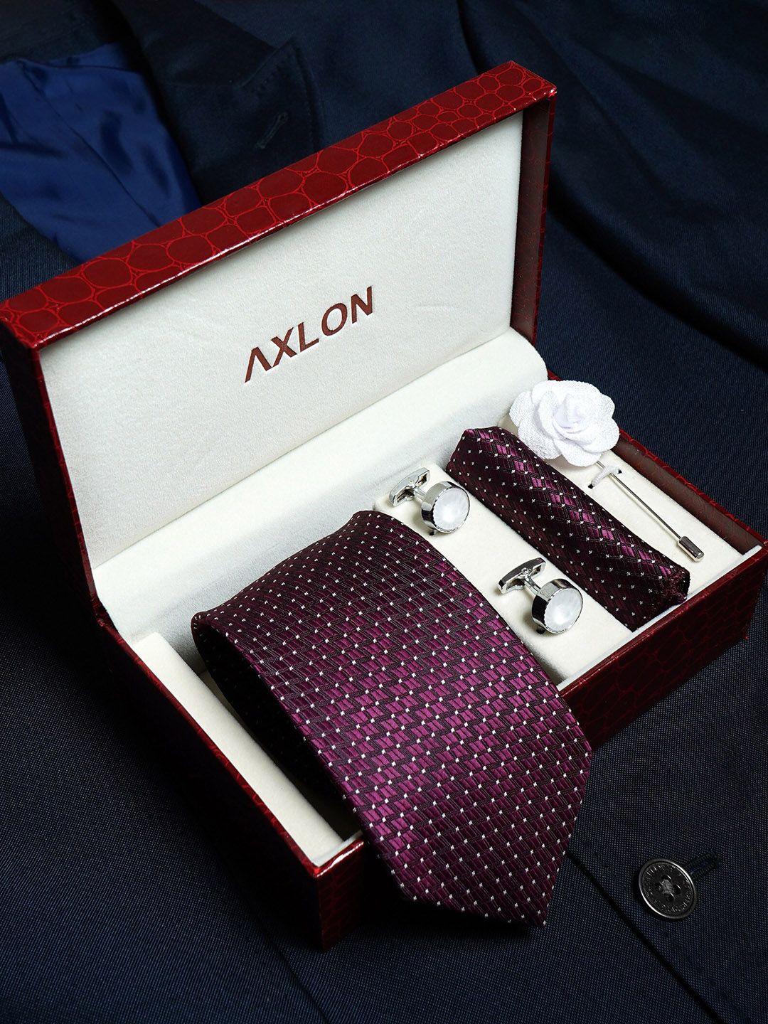 AXLON Men Micro Ditsy Woven Design Tie With Pocket Square, Cufflink & Flower Pin-picture-31