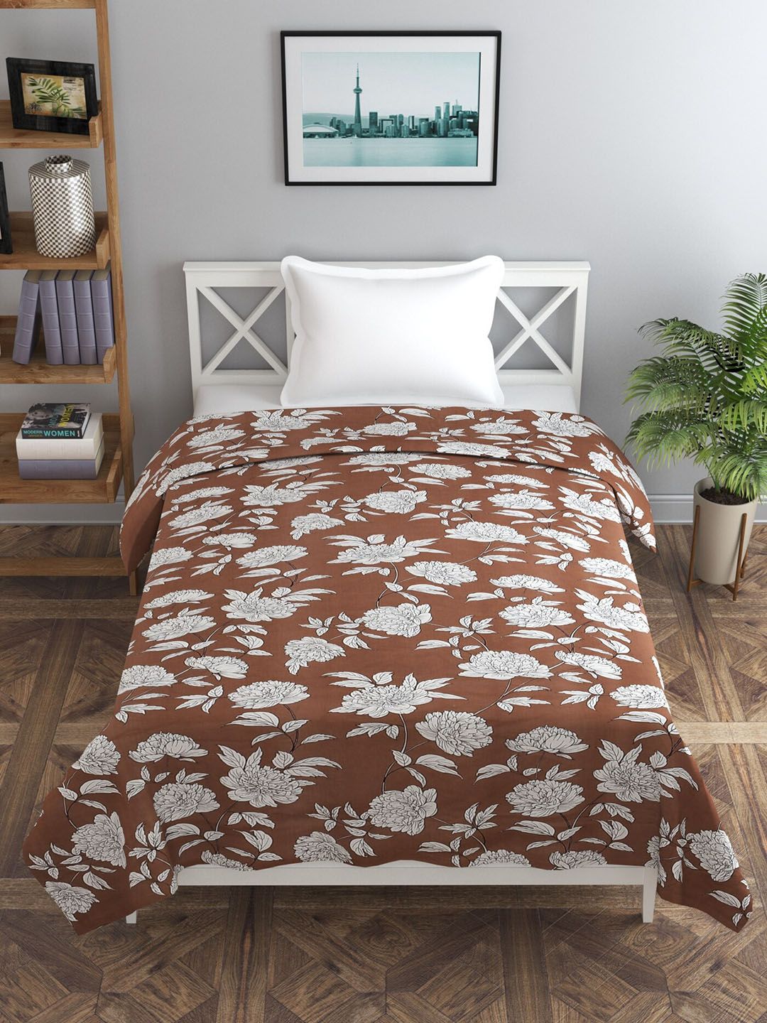 MORADO Coffee Brown & White Floral-Printed Double Queen Duvet Cover-image-49