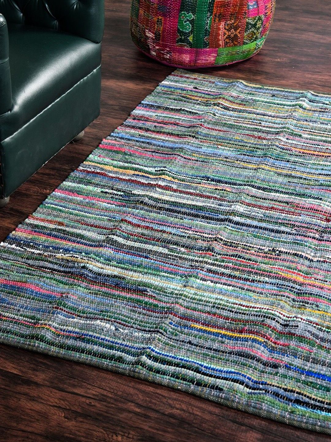 HOMEMONDE Blue & Green Striped Reversible Carpet-image-33