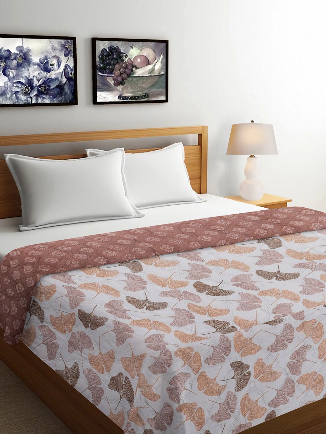 FABINALIV White & Brown Floral Mild Winter 350 GSM Reversible Double Bed Comforter-image-48