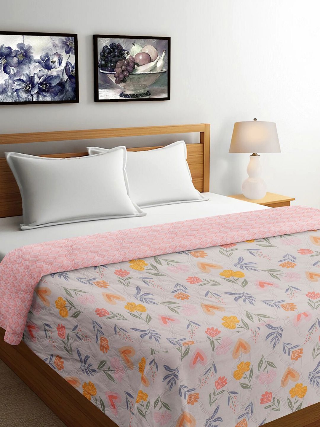 FABINALIV White & Orange Floral Mild Winter 350 GSM Reversible Double Bed Comforter-image-42