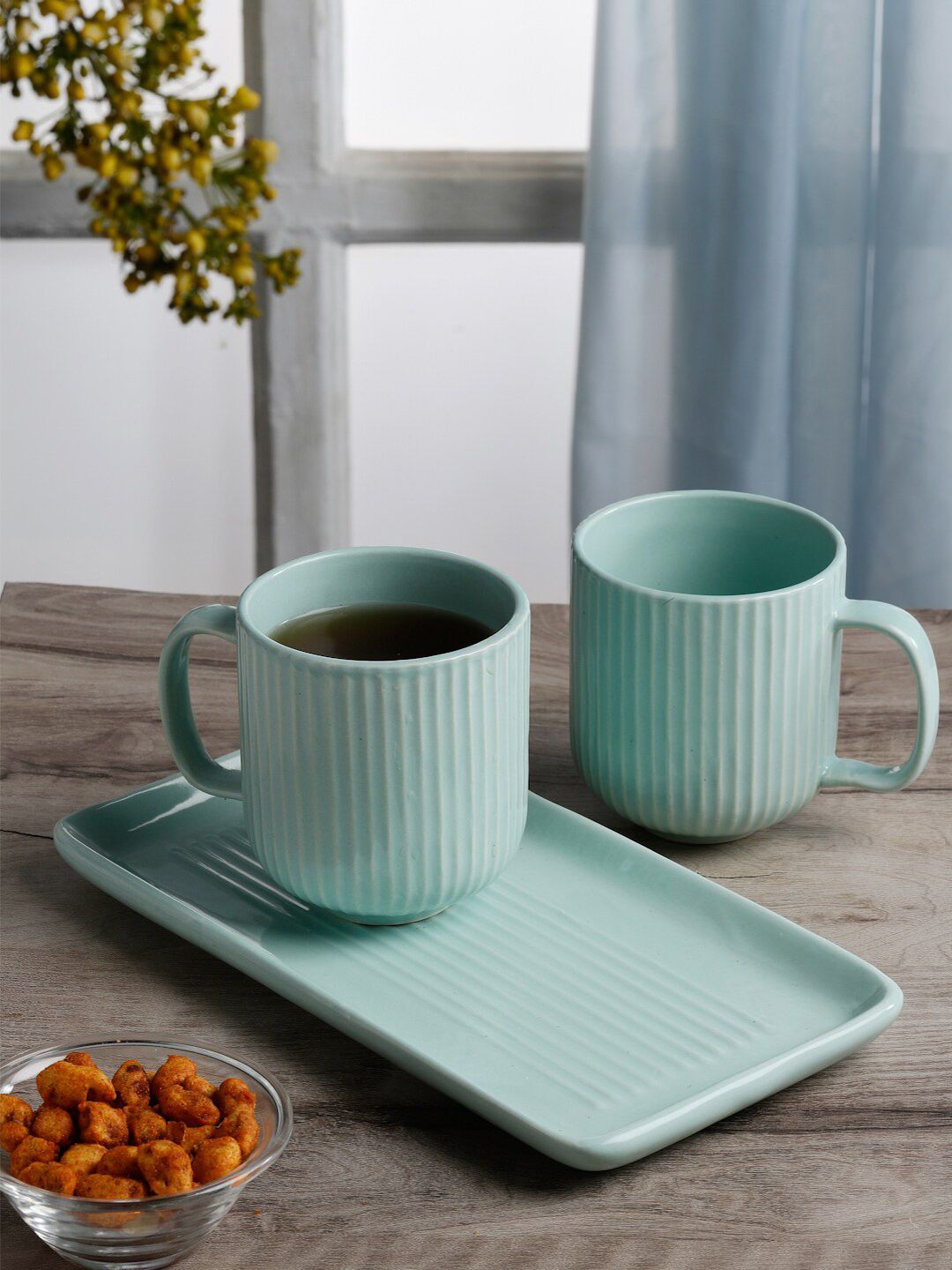 Arrabi Green 3 Pieces Textured Ceramic Matte Mugs & Tray-picture-2